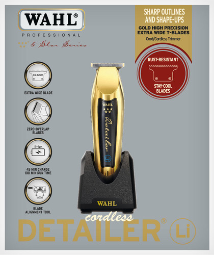 ماشین اصلاح خط زن وال مدل دیتیلر شارژی اورجینال گلد جعبه آبی با گارانتی Wahl Cordless Detailer Li Trimmer T-Wide Gold (Limited Edition)